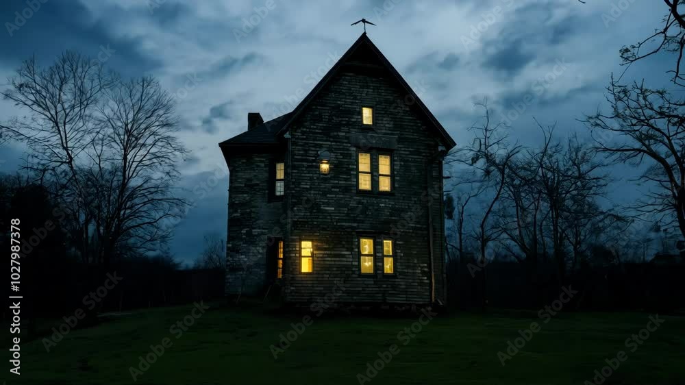 Discover the Haunted Atmosphere of an Eerie House at Dusk, shrouded in mystery and gloom Discover the Haunted Atmosphere of an Eerie House at Dusk, shrouded in mystery and gloom