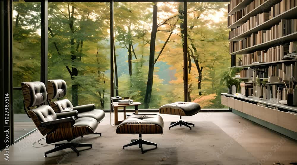 Modern Living Room with Large Windows Overlooking Lush Green Trees Modern Living Room with Large Windows Overlooking Lush Green Trees