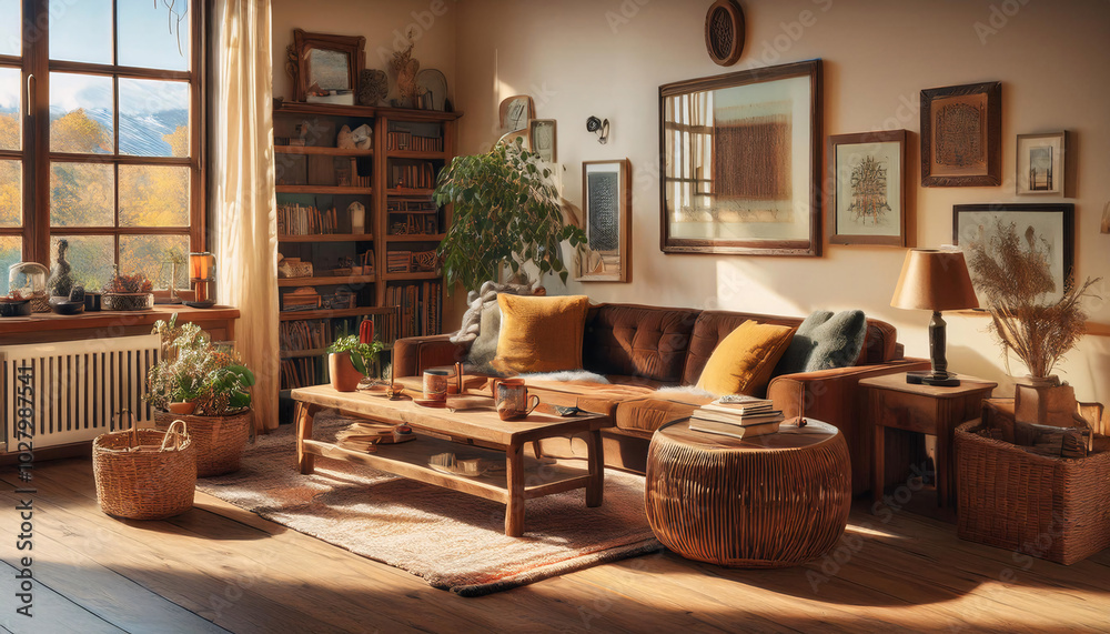 Sunlit cozy room with plants and books, warm interior design Sunlit cozy room with plants and books, warm interior design