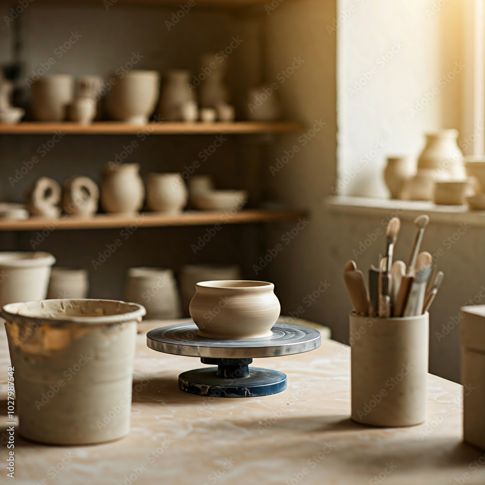 A pottery studio with a pottery wheel, clay, and various tools on a table. Shelves filled with finished pottery pieces line the wall A pottery studio with a pottery wheel, clay, and various tools on a table. Shelves filled with finished pottery pieces line the wall