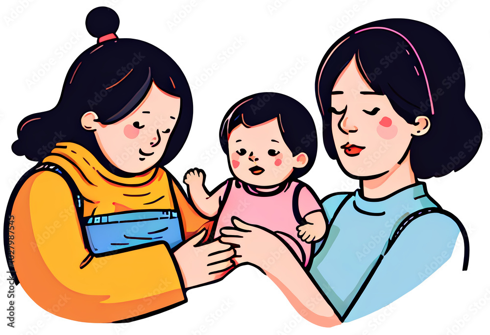 Two Mothers with Baby - Family Love and Care - Flat Sticker Illustration