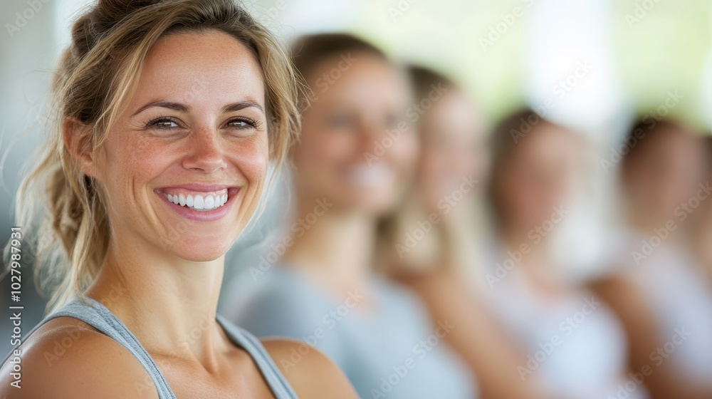 A cheerful woman smiles confidently while attending a fitness class, surrounded by other participants, exuding positivity and well-being in a vibrant setting. A cheerful woman smiles confidently while attending a fitness class, surrounded by other participants, exuding positivity and well-being in a vibrant setting.