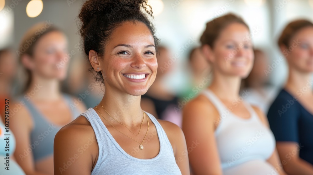 A woman with a broad smile participates in a fitness class, radiating energy and enthusiasm, surrounded by other class members in an inviting and lively environment. A woman with a broad smile participates in a fitness class, radiating energy and enthusiasm, surrounded by other class members in an inviting and lively environment.