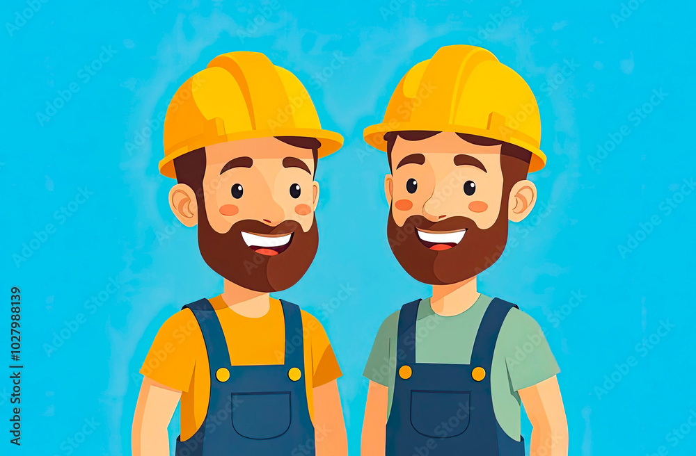 Two Construction Workers in uniform, isolated on blue background. Illustration of Happy Men Builders in helmets, Cartoon style Two Construction Workers in uniform, isolated on blue background. Illustration of Happy Men Builders in helmets, Cartoon style