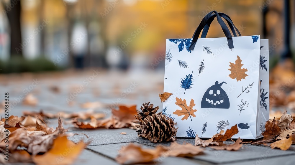 A decorative paper bag displaying autumn leaves and a whimsical spooky design, set against a background of fallen leaves on a park pathway, capturing a seasonal essence. A decorative paper bag displaying autumn leaves and a whimsical spooky design, set against a background of fallen leaves on a park pathway, capturing a seasonal essence.