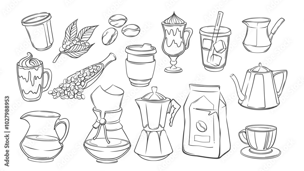 Coffee doodle set, cafe and bar drink menu, kitchen pots line icons. Hand drawn retro kettle and chemex, plastic and glass cups. Coffee break mascot, outline icons collection vector illustration Coffee doodle set, cafe and bar drink menu, kitchen pots line icons. Hand drawn retro kettle and chemex, plastic and glass cups. Coffee break mascot, outline icons collection vector illustration