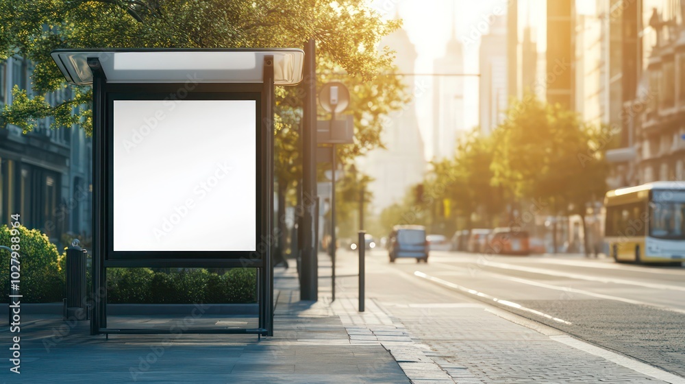 A blank billboard on a bus stop in a city with a blurry background of traffic and buildings. A blank billboard on a bus stop in a city with a blurry background of traffic and buildings.