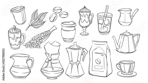 Coffee doodle set, cafe and bar drink menu, kitchen pots line icons. Hand drawn retro kettle and chemex, plastic and glass cups. Coffee break mascot, outline icons collection vector illustration