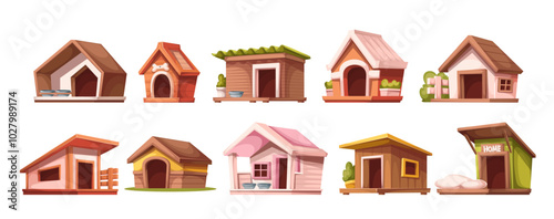 Doghouses set, cartoon wooden garden houses for dog. Funny huts for pet collection, cartoon cute backyard shelter with bone and Home sign over door, roof and bowl, bed pillow vector illustration