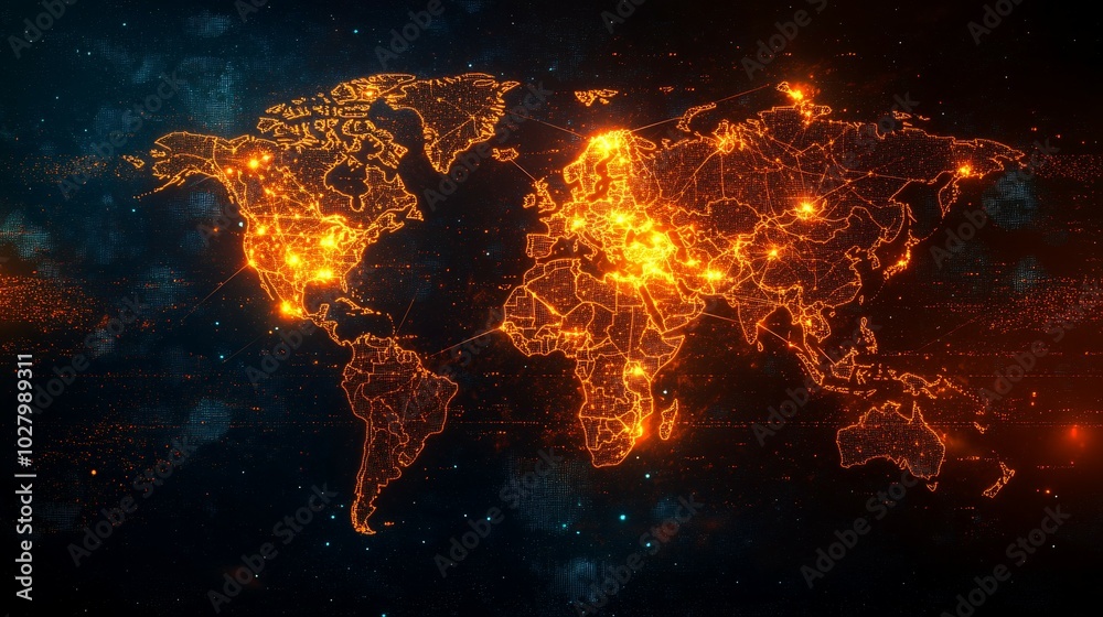 Glowing Digital World Map with Interconnected Cities Glowing Digital World Map with Interconnected Cities