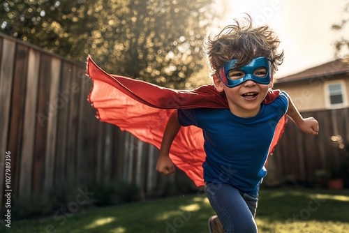 Little boy in a superhero costume running with a red cape in the backyard, concept of childhood imagination and fun role-playing adventure photo