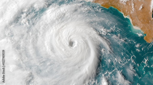 This captivating satellite image captures a massive cyclone swirling over the ocean, highlighting the breathtaking and destructive beauty of natural weather patterns.