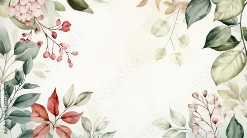 Watercolor painted floral frame with green and red leaves and pink flowers on a beige background.