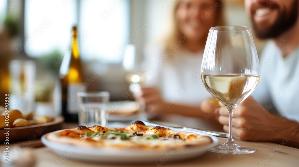 A joyful couple sharing a freshly baked pizza and wine in a cozy setting. They are both smiling, creating a warm and inviting atmosphere around them. A joyful couple sharing a freshly baked pizza and wine in a cozy setting. They are both smiling, creating a warm and inviting atmosphere around them.