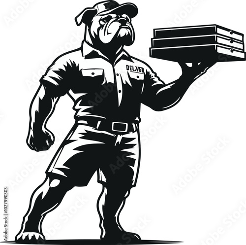 Bold black-and-white design featuring a tough, muscular bulldog delivering pizzas. Great for pizza restaurant logos, delivery promotions, and branding concepts.