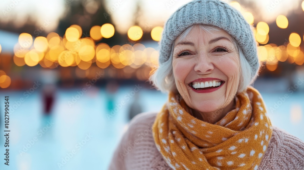 An elderly woman with a knitted gray hat and yellow polka dot scarf is joyfully laughing by an ice skating rink, surrounded by bright holiday lights on a winter day. An elderly woman with a knitted gray hat and yellow polka dot scarf is joyfully laughing by an ice skating rink, surrounded by bright holiday lights on a winter day.