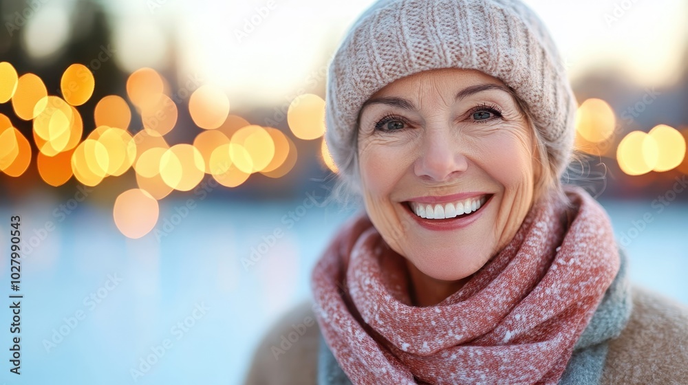 A senior woman with a pink knit hat and matching scarf smiles warmly in the glowing lights and snow, representing the warmth and joy of winter and togetherness. A senior woman with a pink knit hat and matching scarf smiles warmly in the glowing lights and snow, representing the warmth and joy of winter and togetherness.