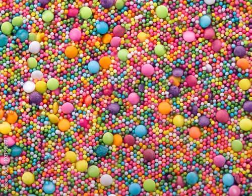 Colorful candy sprinkles spread surface, background and texture