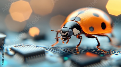 A detailed image of a ladybug perched on a complex circuit board, with glowing bokeh lights in the background, symbolizing the intersection of nature and technology. photo