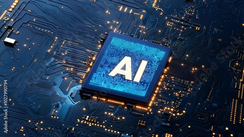 Close-up of an AI microchip integrated into a glowing circuit board, symbolizing artificial intelligence technology and advanced computing.