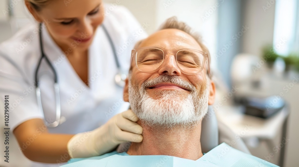 A mature man with glasses smiles peacefully while reclining in a dental chair, attended by a caring dentist, symbolizing comfort in healthcare settings. A mature man with glasses smiles peacefully while reclining in a dental chair, attended by a caring dentist, symbolizing comfort in healthcare settings.