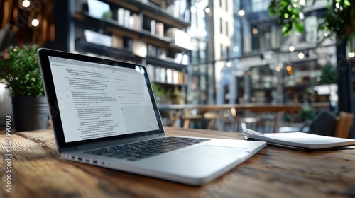 An open laptop sits on a rustic wooden table in a cozy cafe setting, displaying a digital document, reflecting modern working lifestyle and digital connectivity.