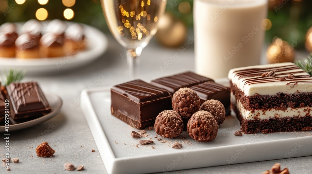 A selection of luxurious chocolates, delicate cakes, and shimmering drinks set against a warm, festive backdrop, perfect for celebrating special occasions. A selection of luxurious chocolates, delicate cakes, and shimmering drinks set against a warm, festive backdrop, perfect for celebrating special occasions.