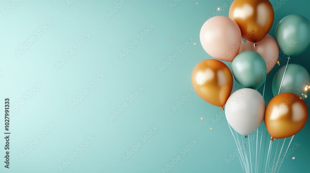 A delightful collection of balloons in pink, gold, and teal shades adorned with sparkles, set against a teal backdrop for a festive atmosphere. A delightful collection of balloons in pink, gold, and teal shades adorned with sparkles, set against a teal backdrop for a festive atmosphere.