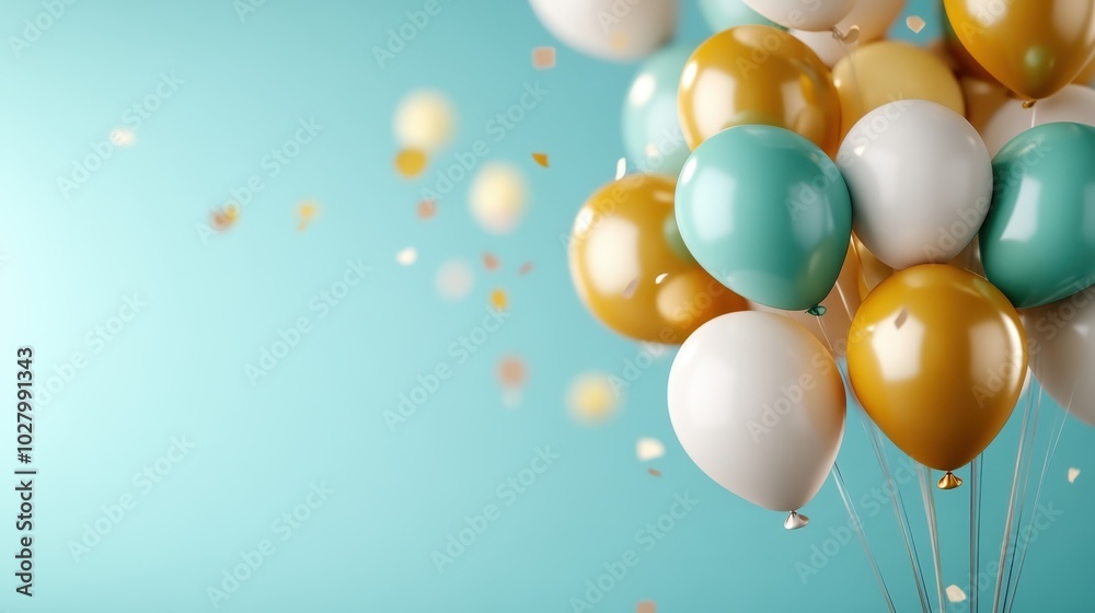 Image of colorful balloons in turquoise, white, and gold, set against a blue backdrop, paired with floating confetti. Evokes celebration and joy. Image of colorful balloons in turquoise, white, and gold, set against a blue backdrop, paired with floating confetti. Evokes celebration and joy.