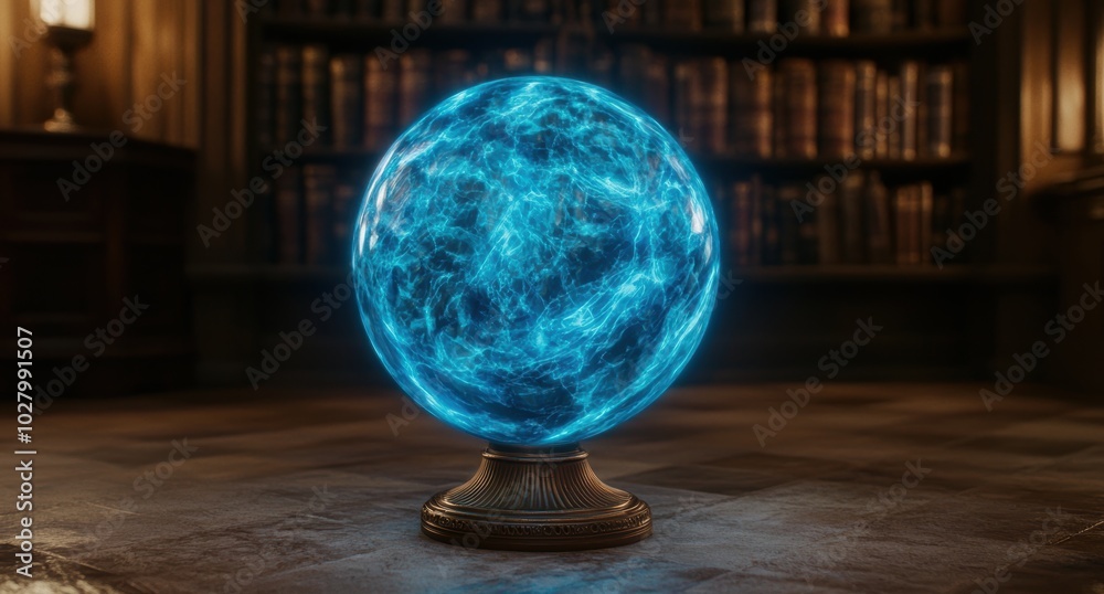 Glowing crystal ball on antique wooden bookshelf Glowing crystal ball on antique wooden bookshelf