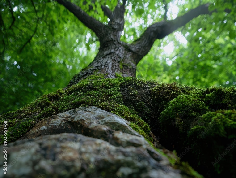 Naklejka premium Lush green forest with moss-covered rocks and tree trunk
