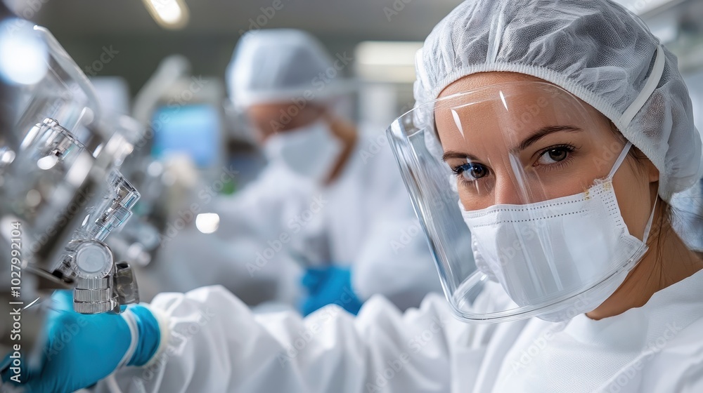 A scientist, fully equipped with protective clothing, concentrates intently on an experiment in a state-of-the-art laboratory, reflecting precision and innovation. A scientist, fully equipped with protective clothing, concentrates intently on an experiment in a state-of-the-art laboratory, reflecting precision and innovation.