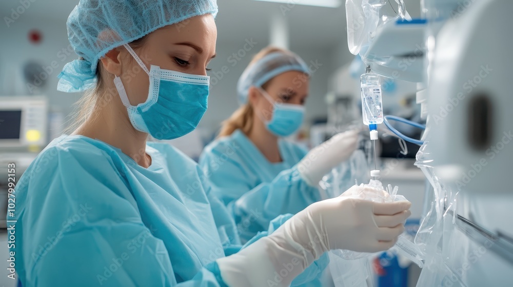 A diligent nurse focuses on preparing medical equipment in an operating room, ensuring everything is ready for the surgical team, reflecting precision and care. A diligent nurse focuses on preparing medical equipment in an operating room, ensuring everything is ready for the surgical team, reflecting precision and care.