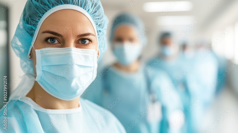A group of healthcare professionals, dressed in surgical attire, stands prepared for action in a hospital, illustrating readiness, teamwork, and medical expertise. A group of healthcare professionals, dressed in surgical attire, stands prepared for action in a hospital, illustrating readiness, teamwork, and medical expertise.