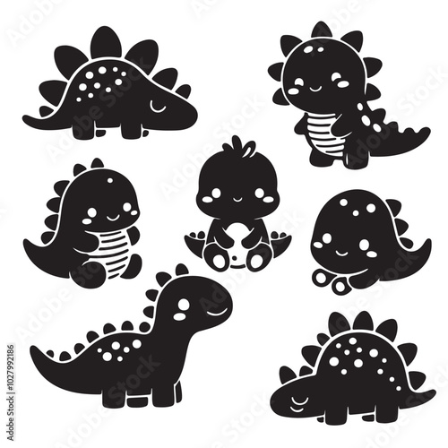 black Cute Dinosaur Bundle Illustration, Baby Dinosaur Cut File, Cartoon Stencil, silhouette vector on white background 10 eps