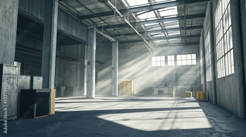 Bright Industrial Space with Sunlight and Shadows Bright Industrial Space with Sunlight and Shadows