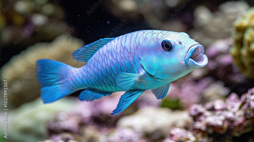 Vibrant blue and purple tropical fish swimming in coral reef Vibrant blue and purple tropical fish swimming in coral reef
