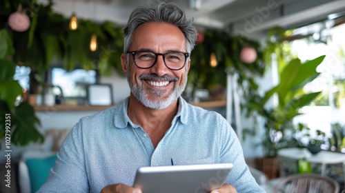 A relaxed man smiling while holding a tablet in a bright, leafy, and modern environment, symbolizing calmness, relaxation, and the digital lifestyle. photo