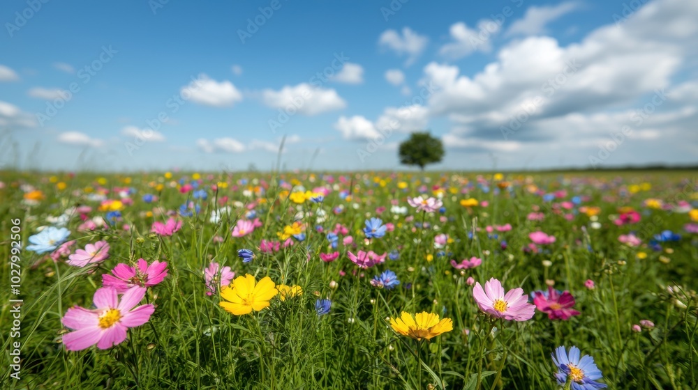 Vibrant wildflower meadow under a blue sky