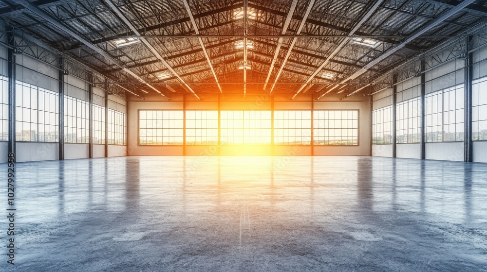 Bright Warehouse Interior with Sunset Light Effects Bright Warehouse Interior with Sunset Light Effects