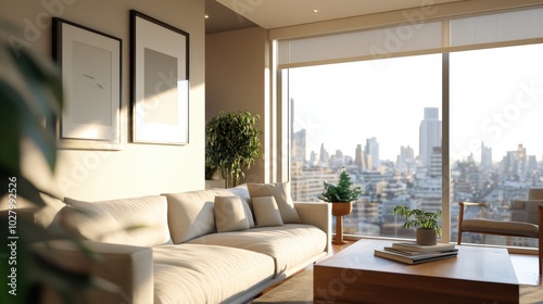 A bright and spacious living room featuring modern furniture and decor, with an extensive city view from the large windows providing a comfortable atmosphere.