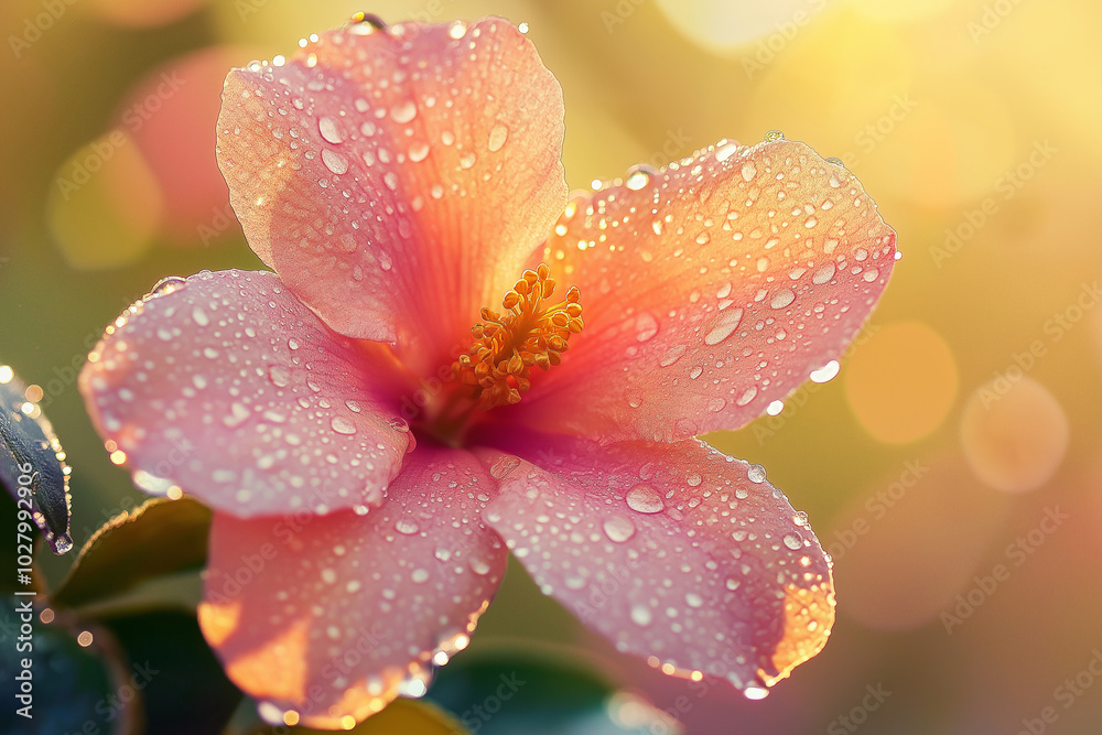Fototapeta premium A pink flower with dew drops on it