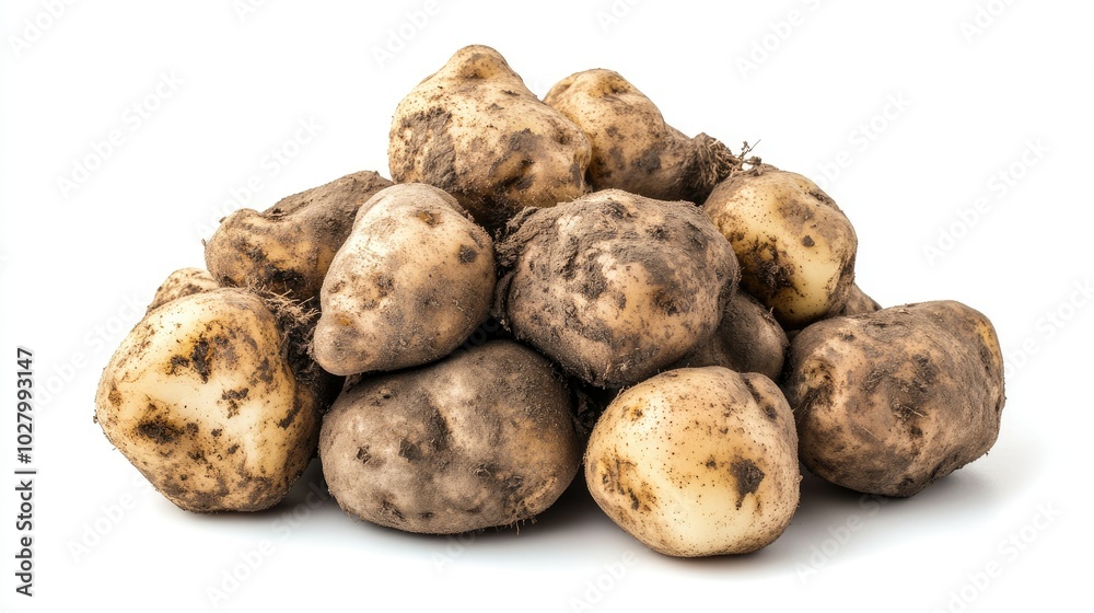Fresh Unwashed Potatoes Piled on White Background Fresh Unwashed Potatoes Piled on White Background