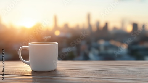 A steaming coffee cup on a wooden surface overlooks an awakening cityscape, where the rising sun blends beautifully with urban life, embodying freshness and optimism. photo