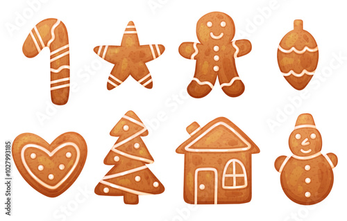 Set with Christmas gingerbread cookie in shape of house and man