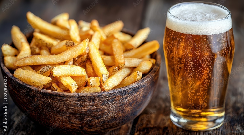 Crispy french fries and a refreshing beer Crispy french fries and a refreshing beer