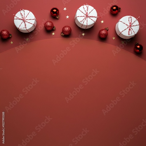 White round christmas gift with red balls on red background. Happy Holidays! Merry Christmas! Happy New Year. Flat lay, top view with copy space.                                  photo