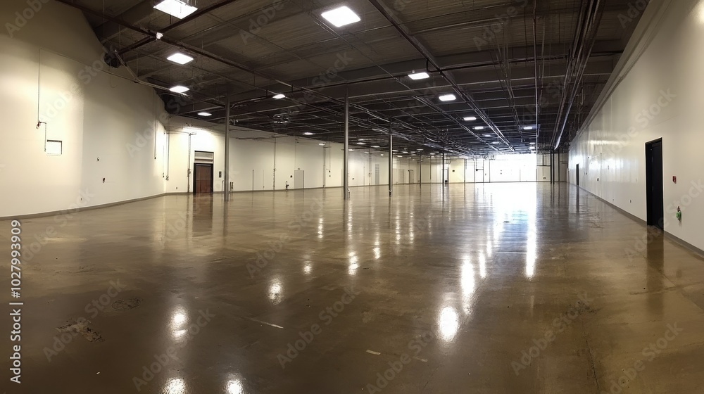 Spacious Empty Warehouse Interior with Bright Lighting Spacious Empty Warehouse Interior with Bright Lighting
