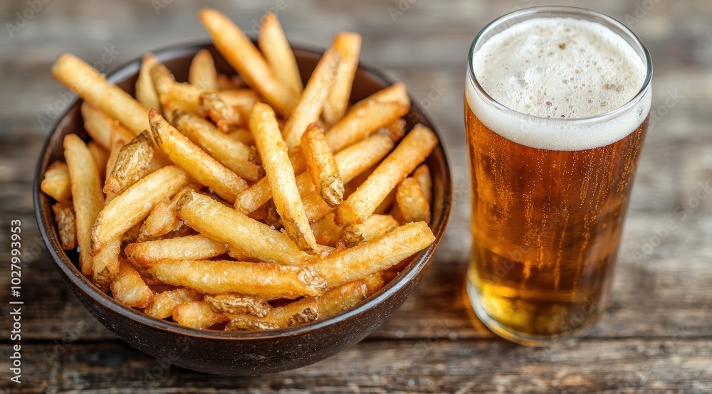 Delicious french fries and a refreshing beer Delicious french fries and a refreshing beer