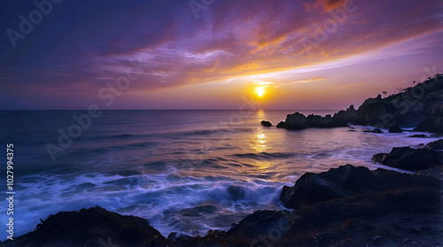 Breathtaking Coastal Sunset With Vibrant Orange And Purple Skies Reflecting Off The Calm Ocean Waves And Rocky Shoreline